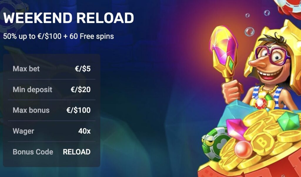 Weekend Reload bonus 50% bonus up to €/$100 and 60 free spins