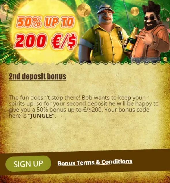 Bobcasino second deposit bonus 50% up to €/$200 + 50 free spins