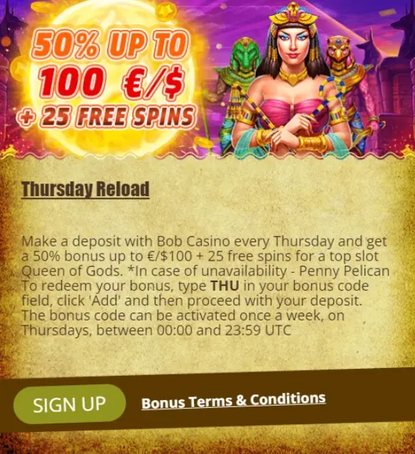 Bobcasino Thursday reload bonus 