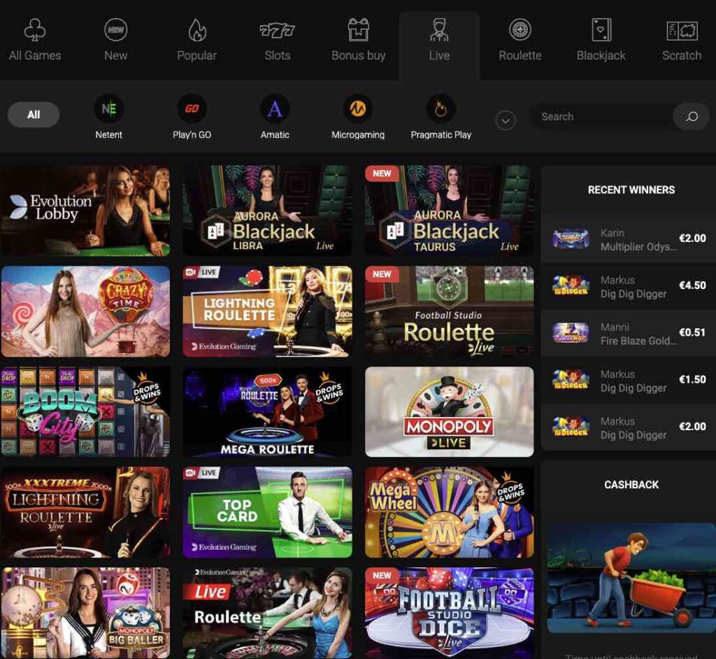 LIVE casino selection of games on BetChan casino.