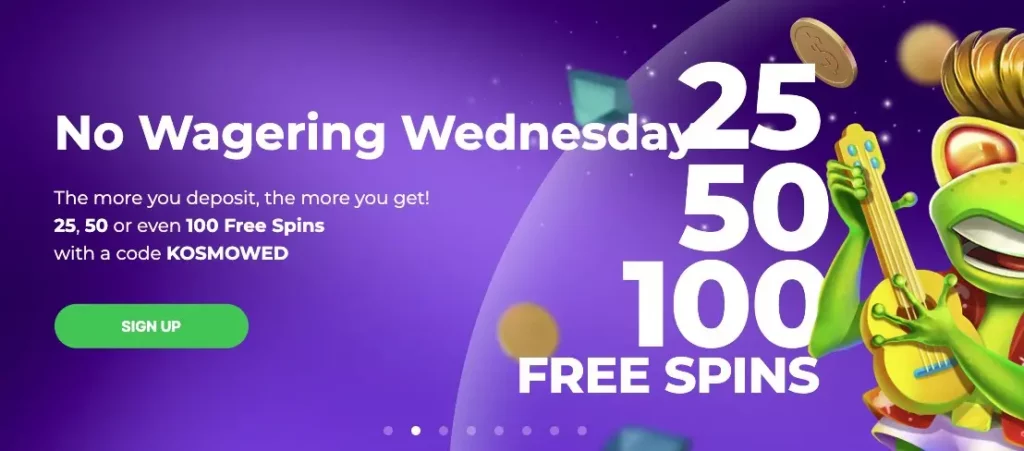 No wagering up to 100 free spins every Wednesday casino bonus on Kosmonaut Casino